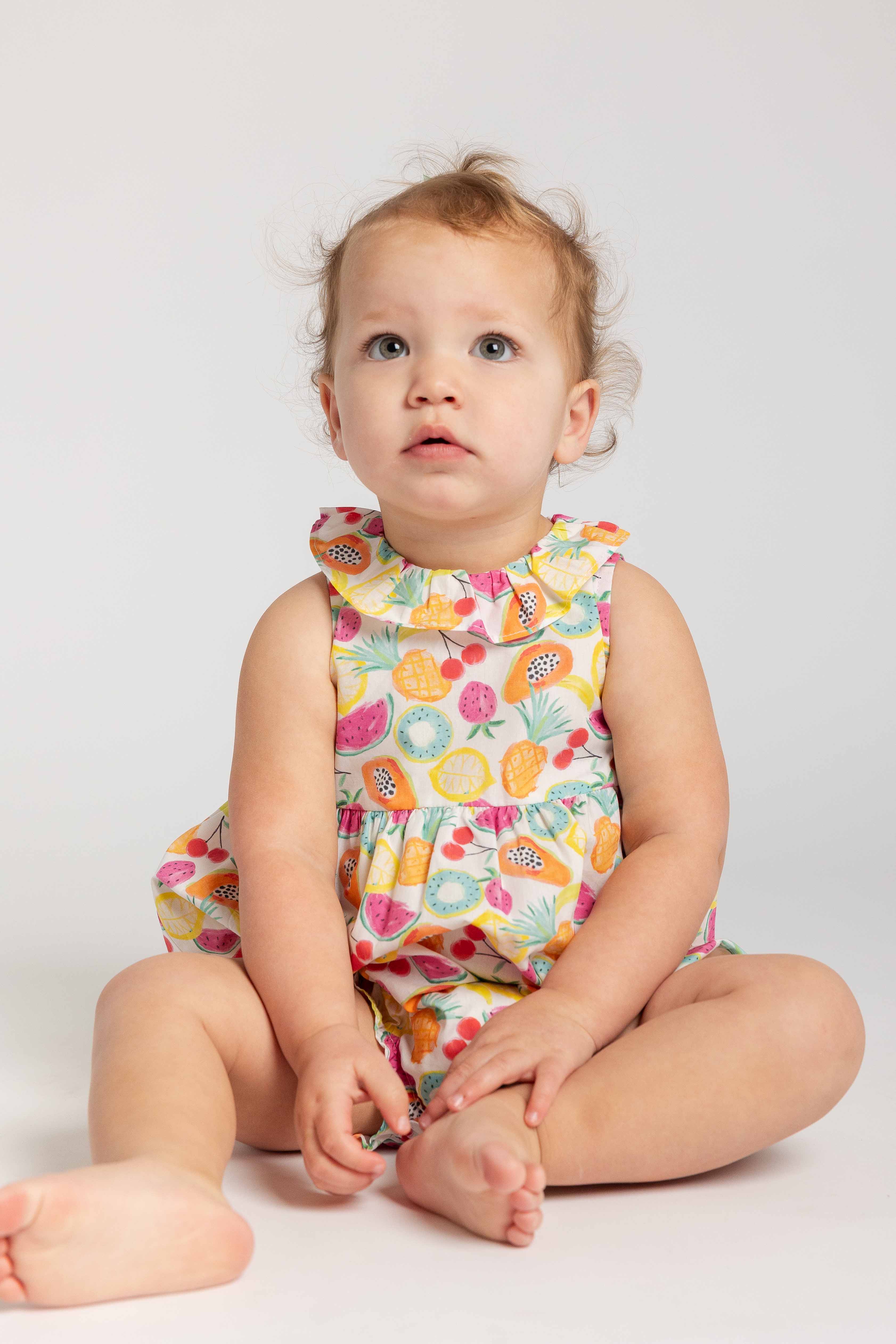 Fruit Print Romper with Neck Ruffle