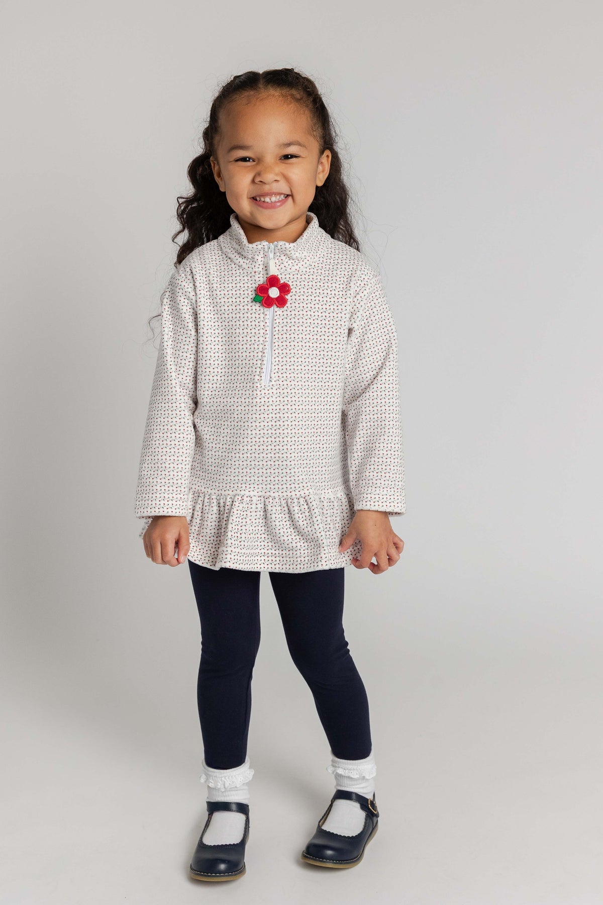 Printed Velour Half Zip Top with Flower Pull
