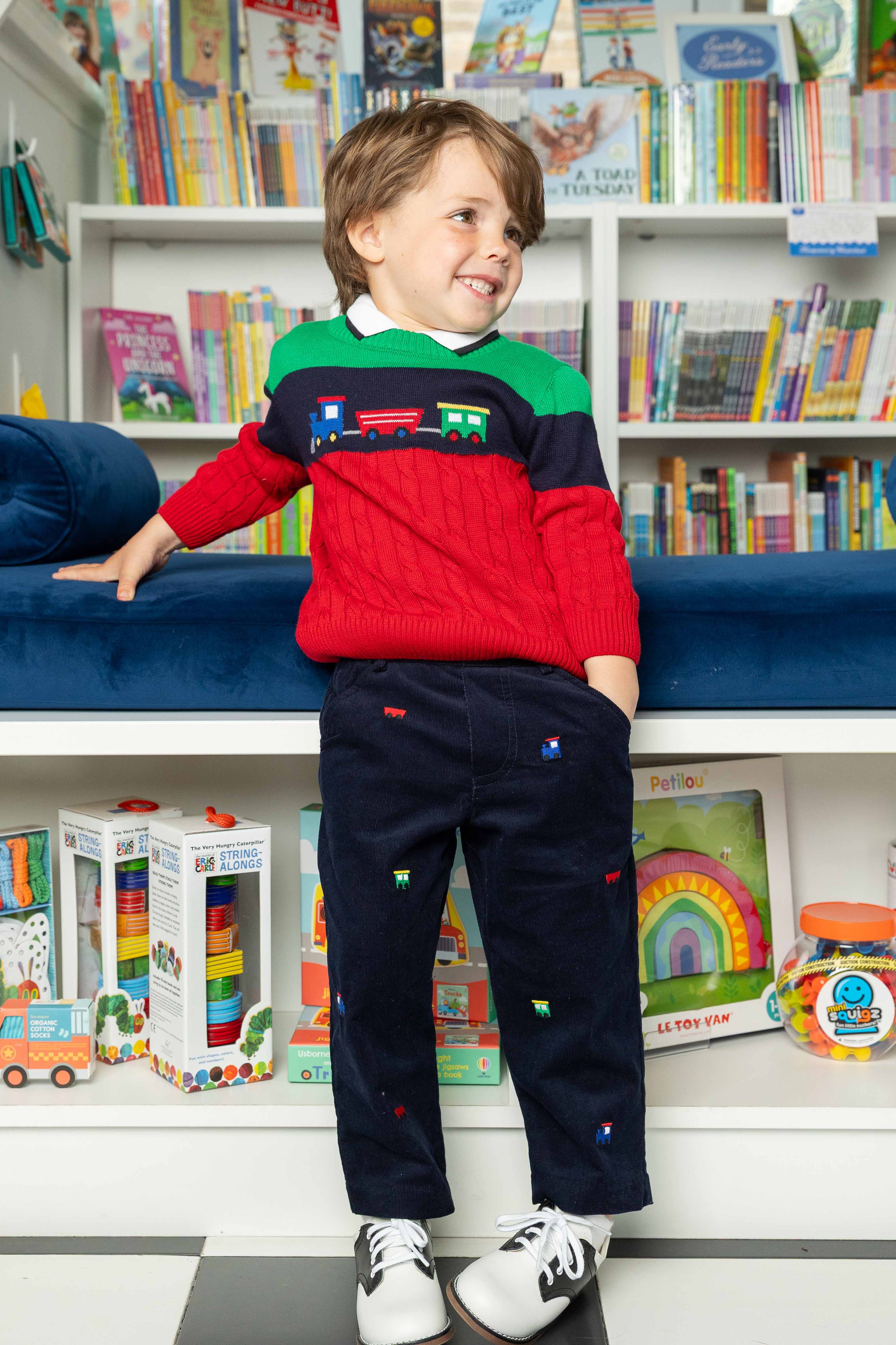Corduroy Fake Fly Pants with Allover Embroidery