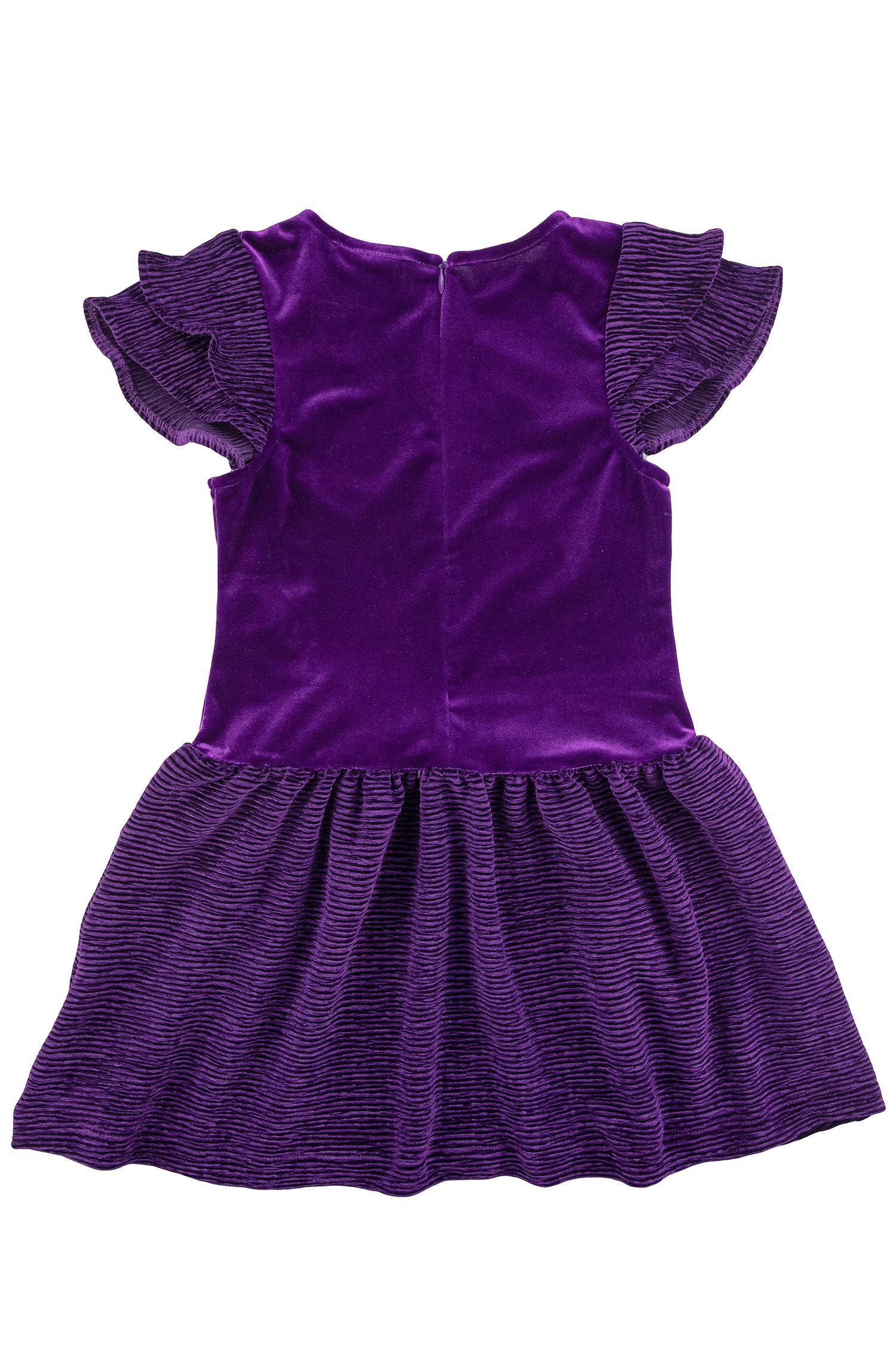 back view showing zipper of purple short ruffle sleeve dress