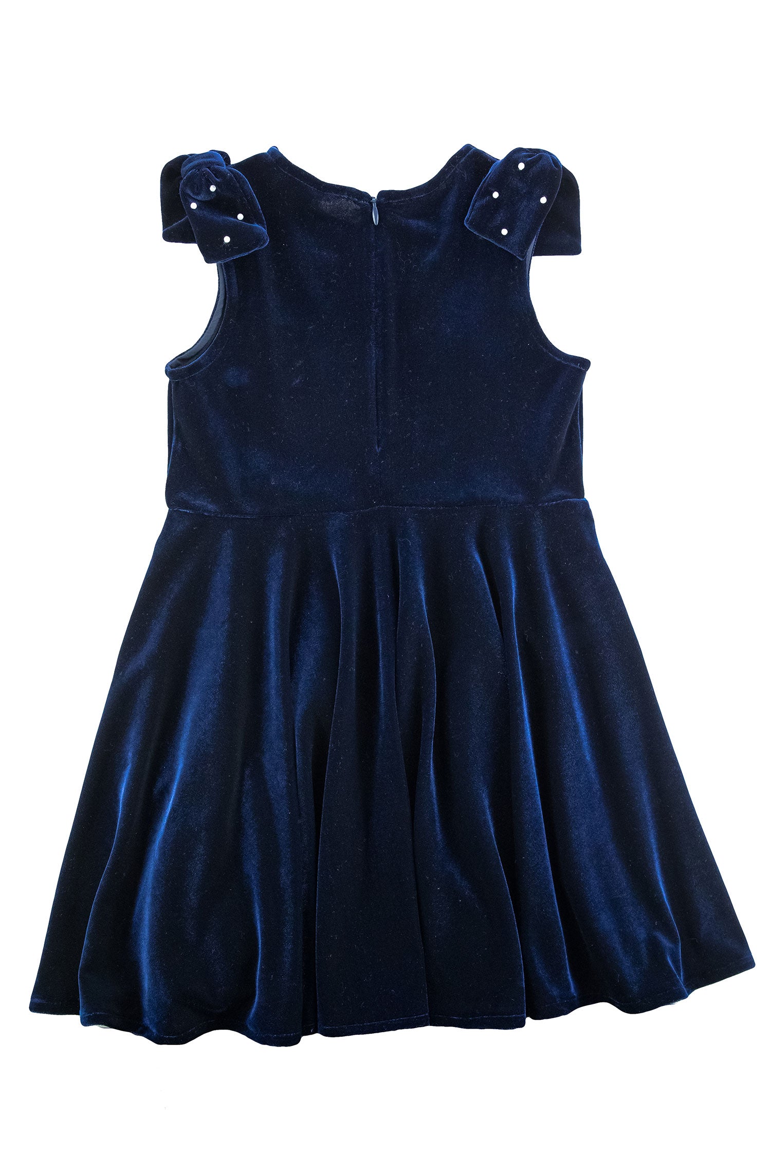blue velvet short dress with bow sleeves back view showing zipper
