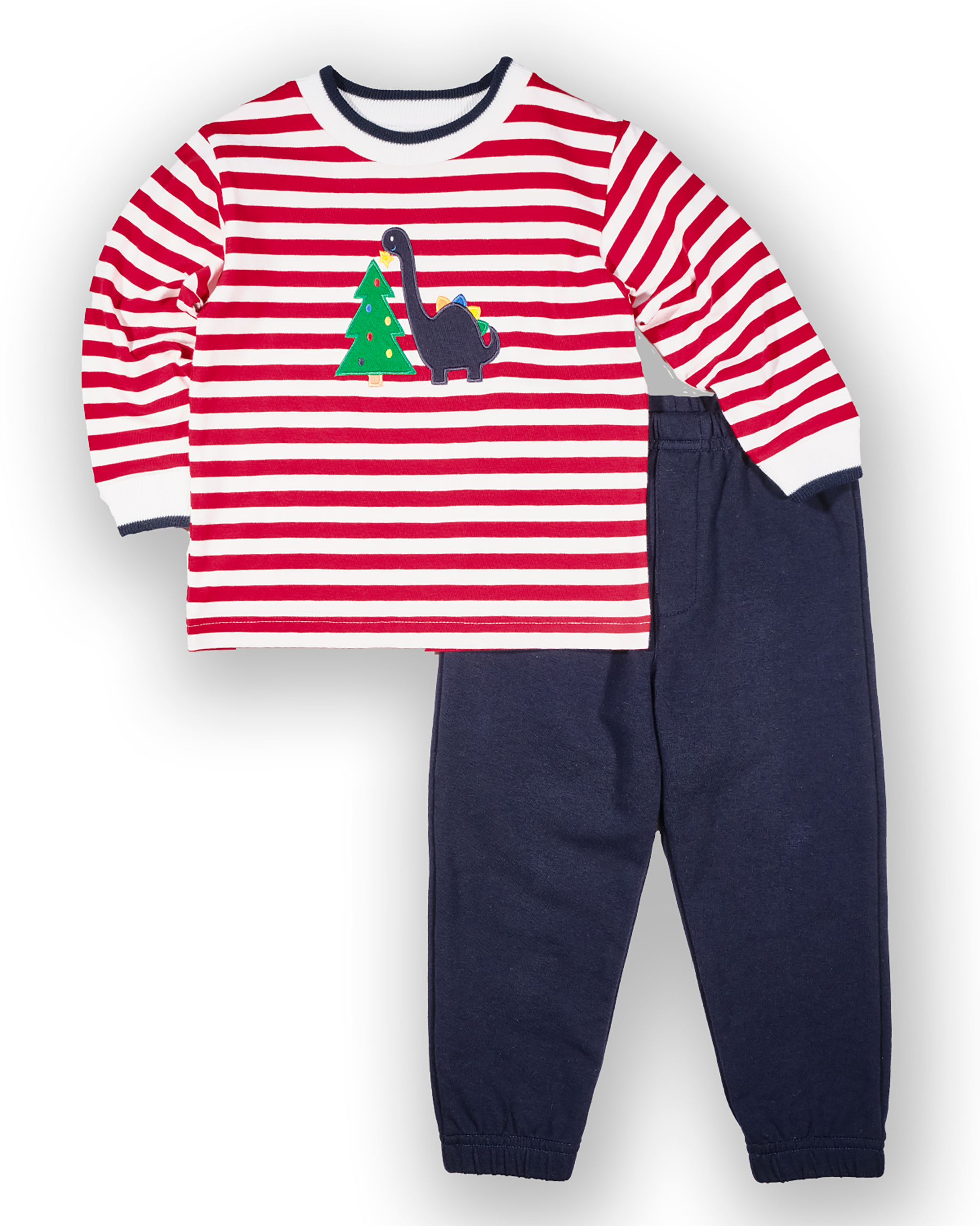 A striped knit shirt with a dinosaur and Christmas tree applique, paired with navy pants.