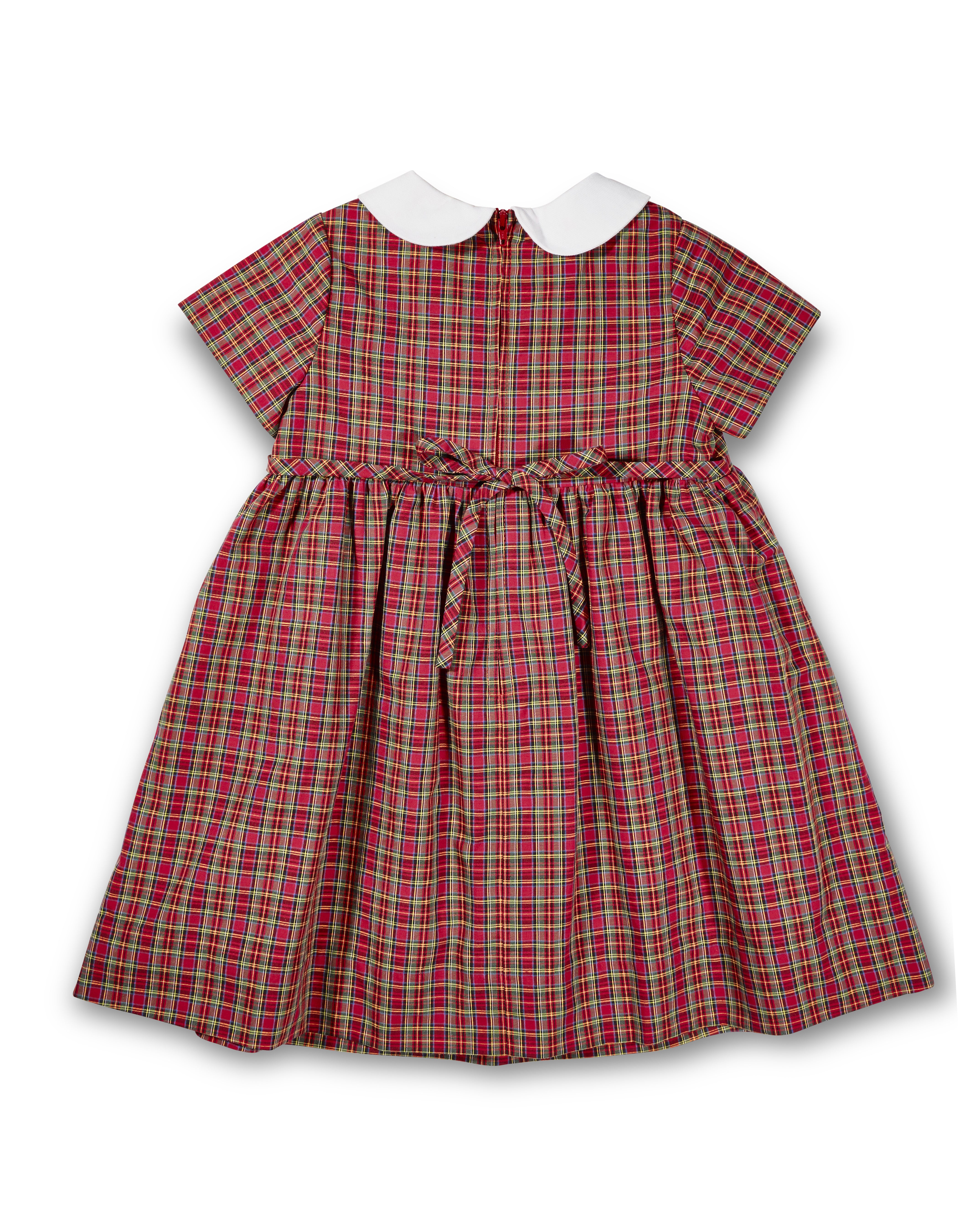Red and green plaid dress with white collar on a white background