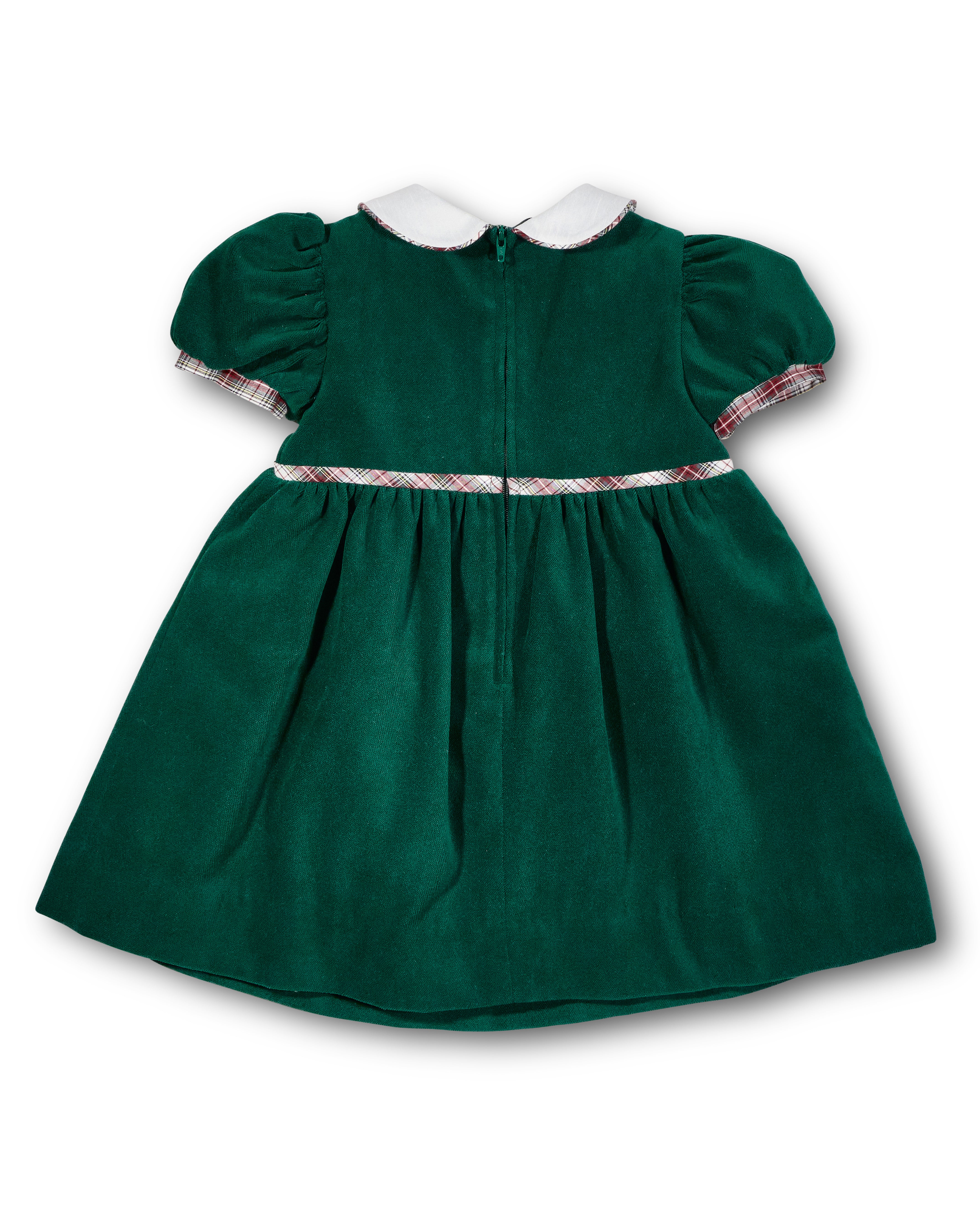 Green dress with white collar and red trim on a white background