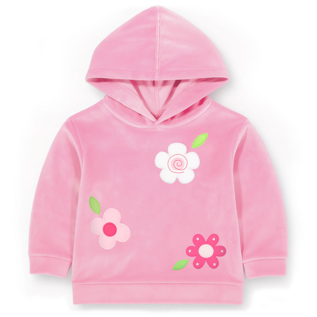 Pink hoodie with floral designs on a white background