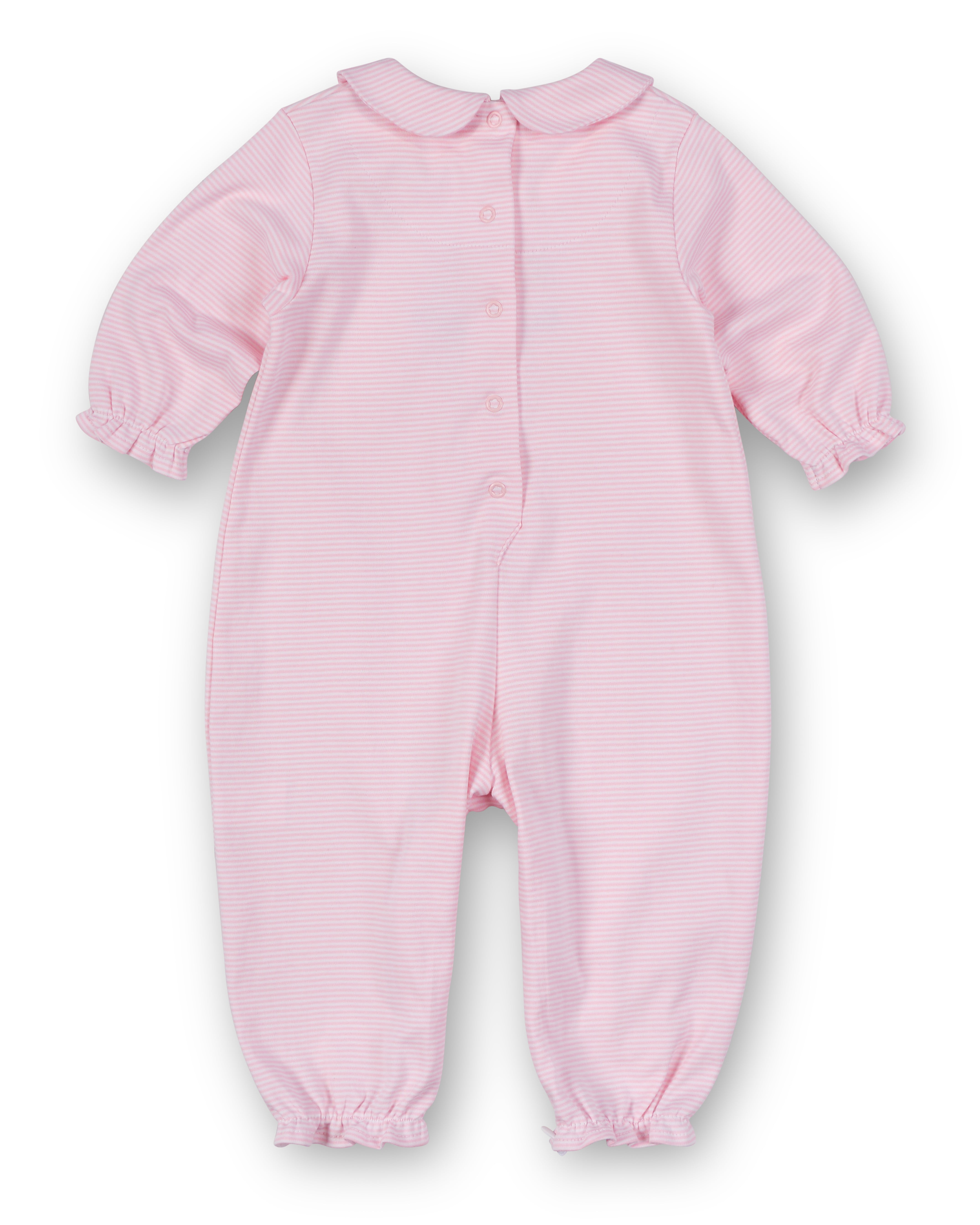 Back view of pink baby onesie with long sleeves and legs on a white background