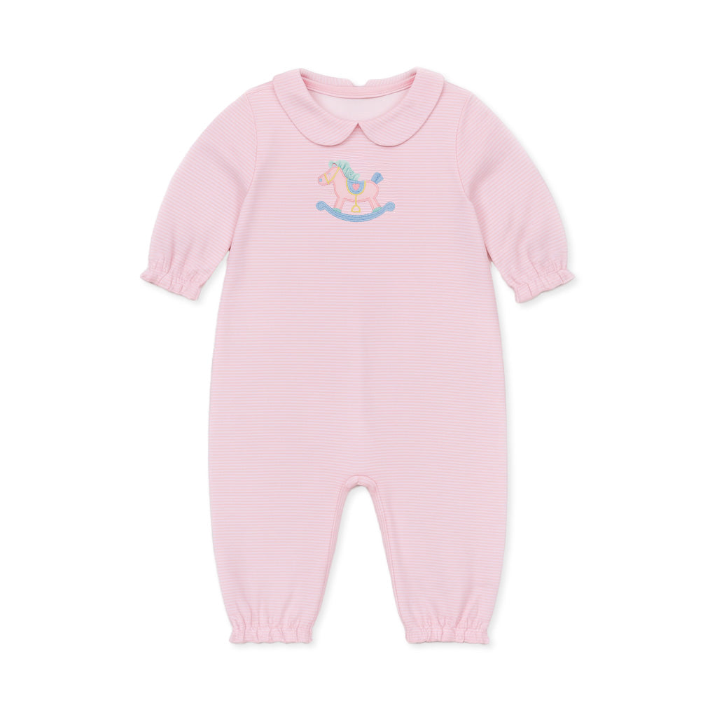 Pink baby longall with a embroidered design on a white background