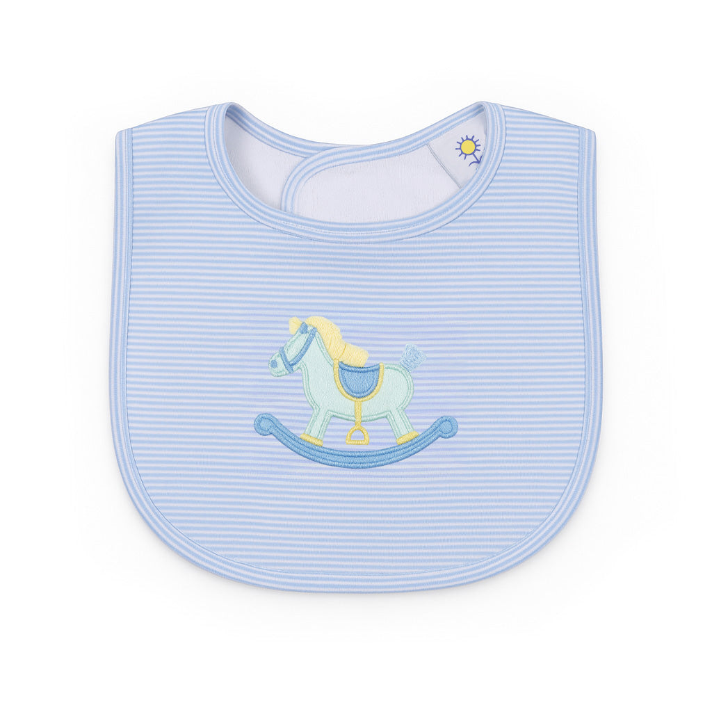 Blue striped baby bib with a rocking horse design on a white background