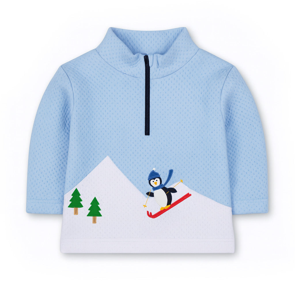 Jacquard Knit Half Zip With Skiing Penguin