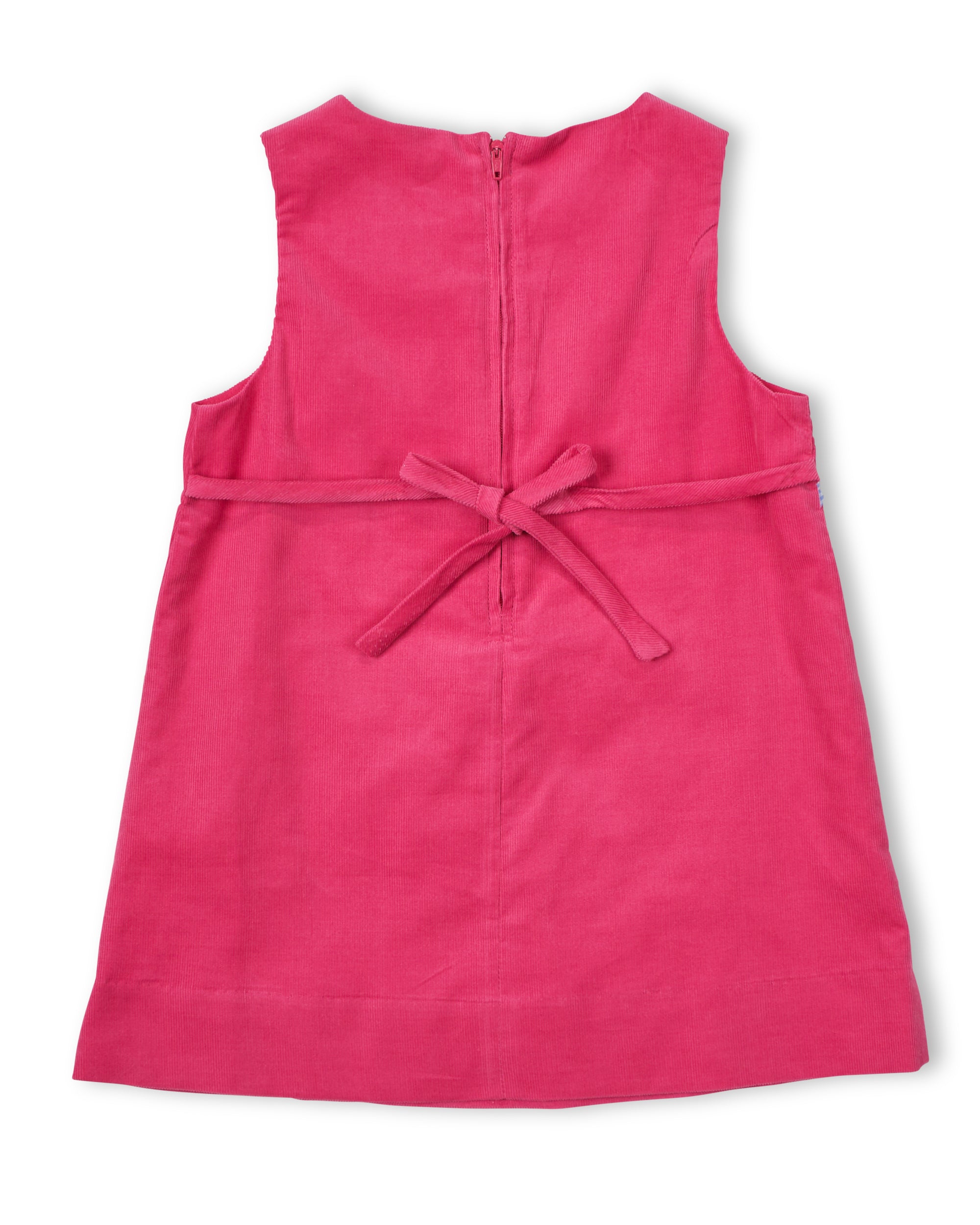 back view of pink dress with a bow on a white background