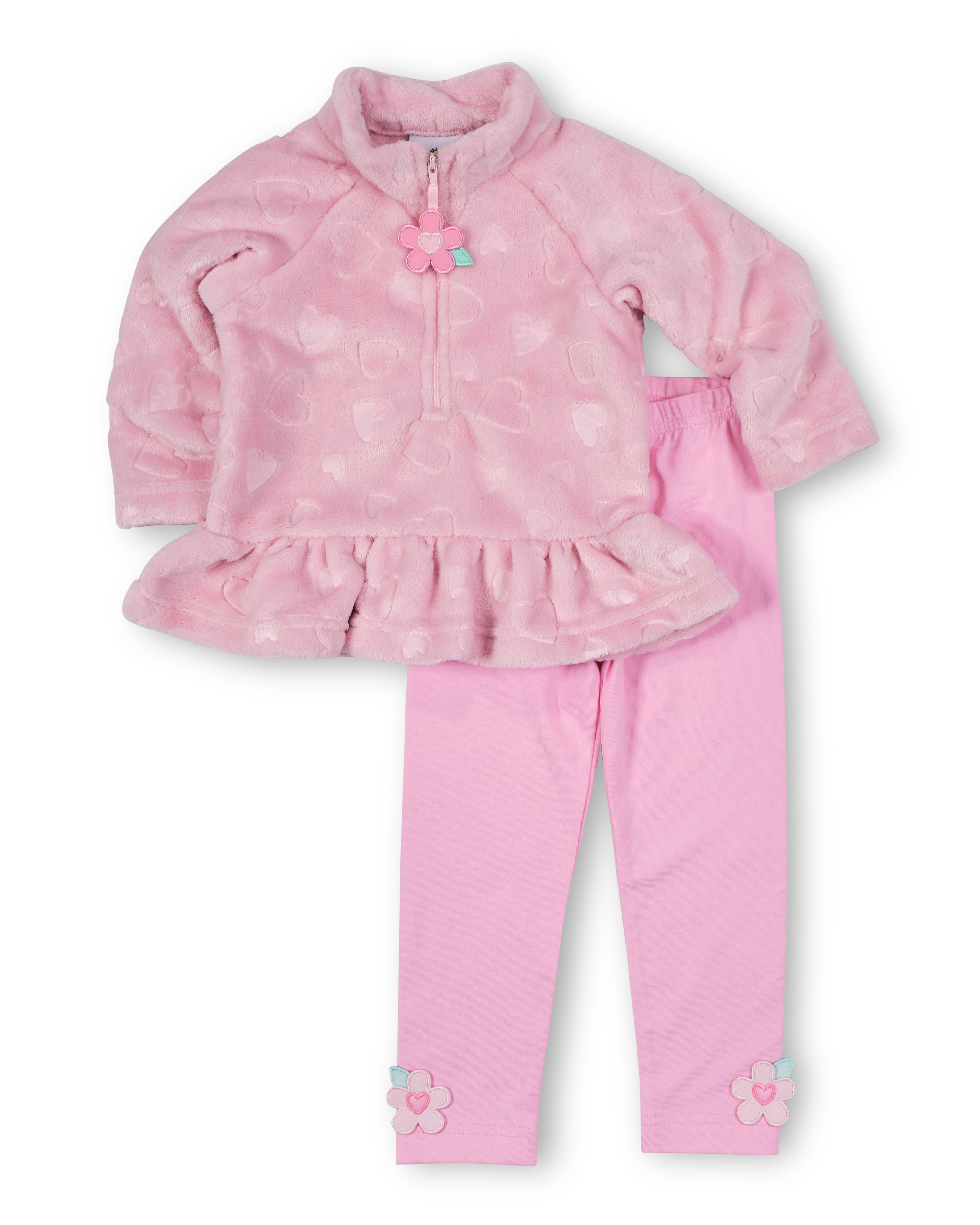 A pink fleece sweater with matching pink leggings on a white background