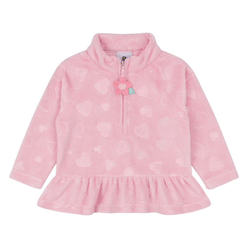 Pink fleece jacket with a ruffled bottom on a white background