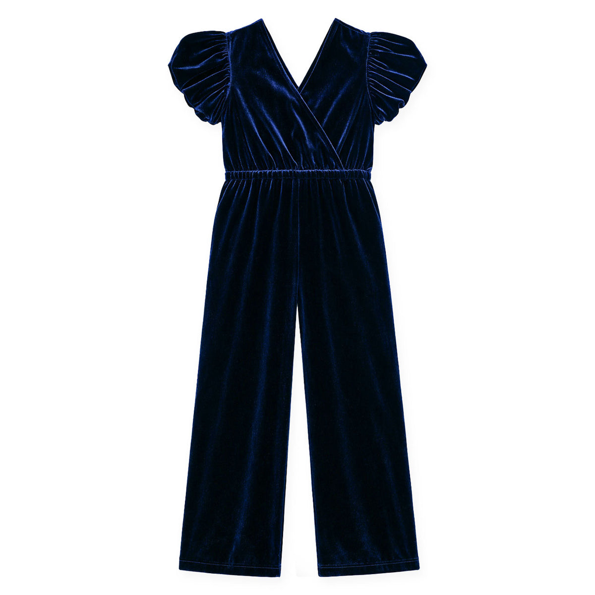 back view of navy jumpsuit laying flat on white background