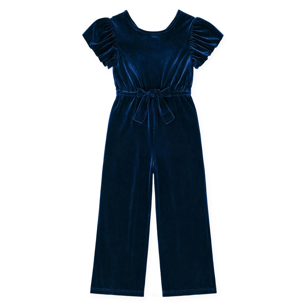 front view of navy jumpsuit laying flat on white background