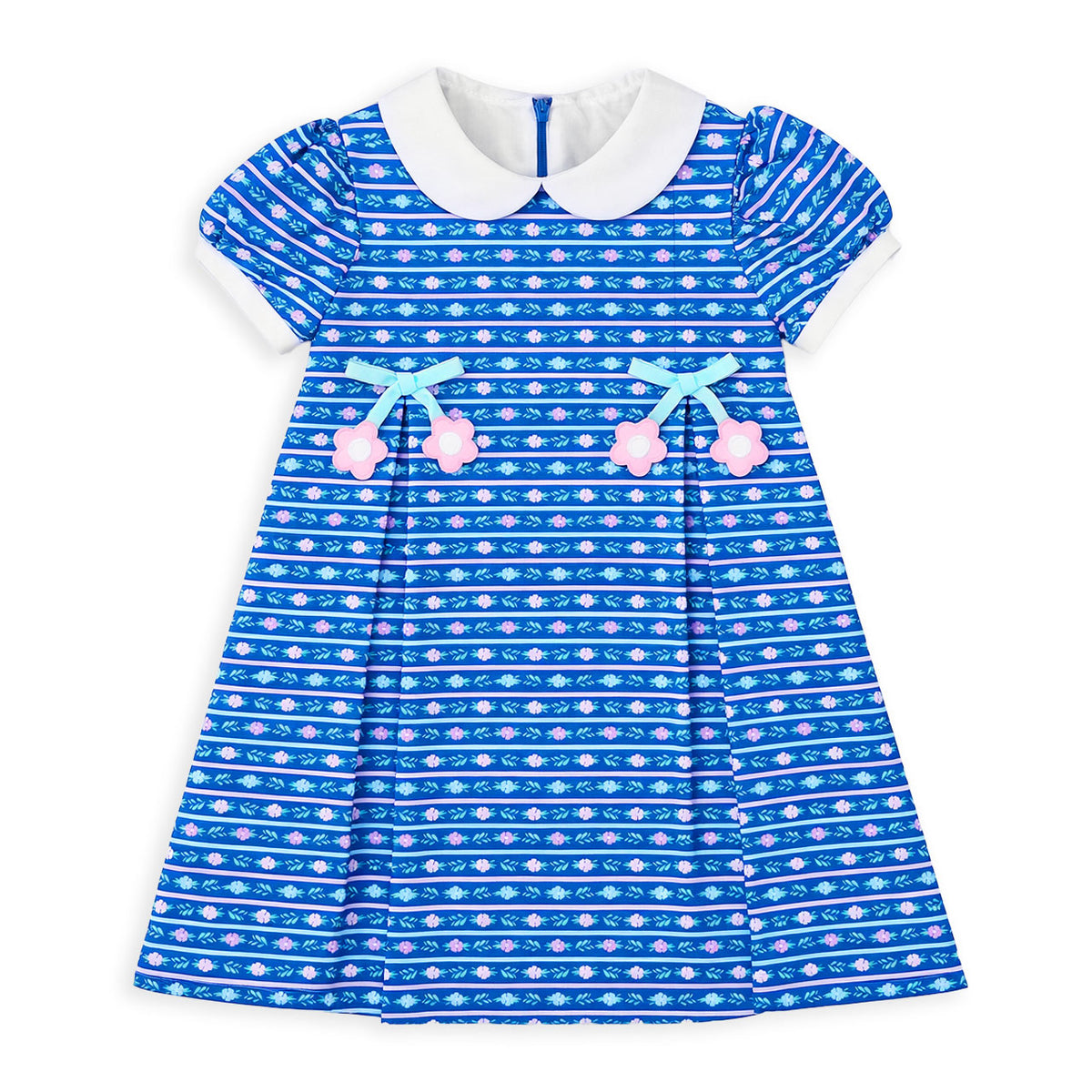 A short-sleeve baby dress with a blue and white patterned body, a white Peter Pan collar, and two pink bow-tie details on the front, displayed on a solid white background.