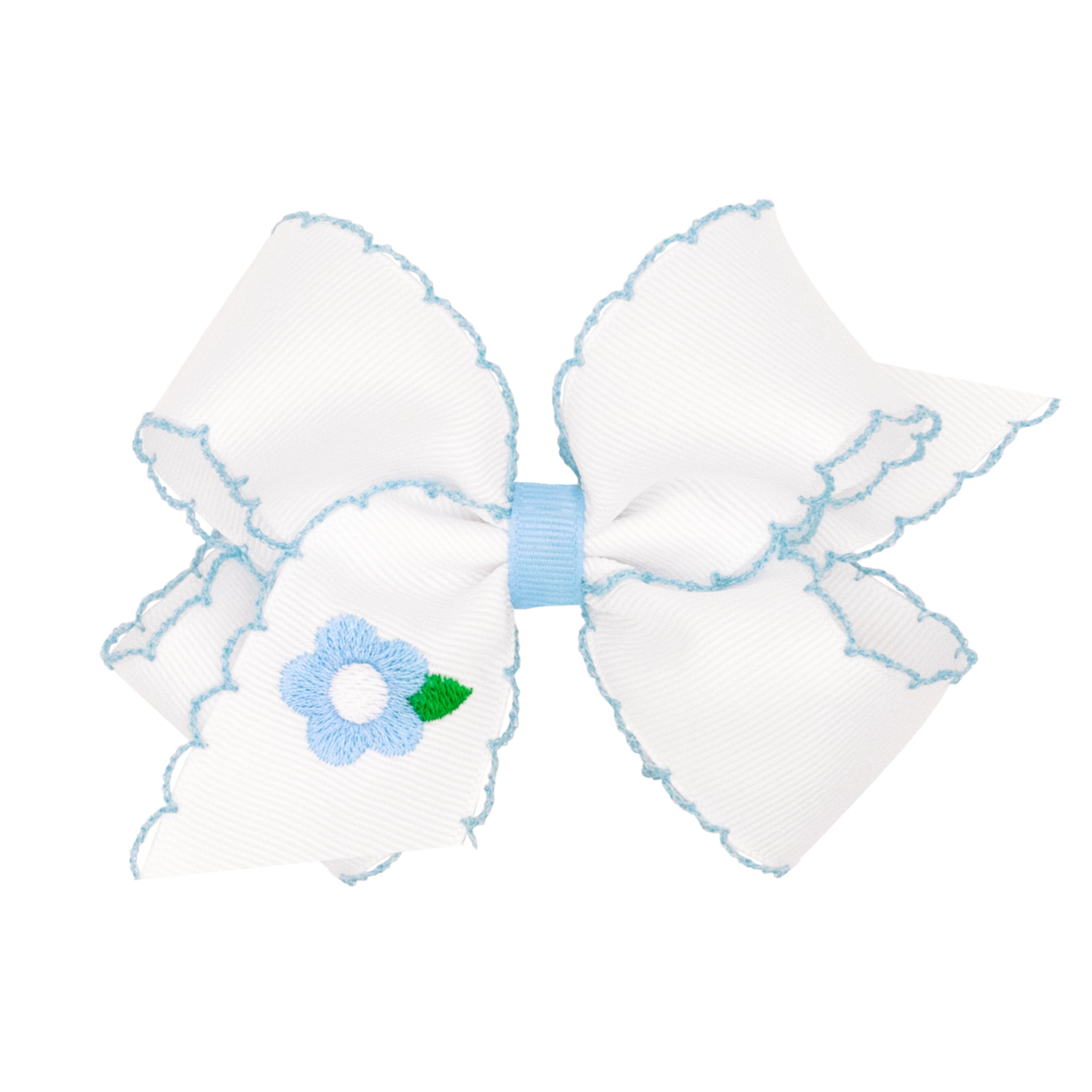 Medium Millennium Blue Custom Flower Embroidery on Moonstitch Edged Grosgrain Hair Bow