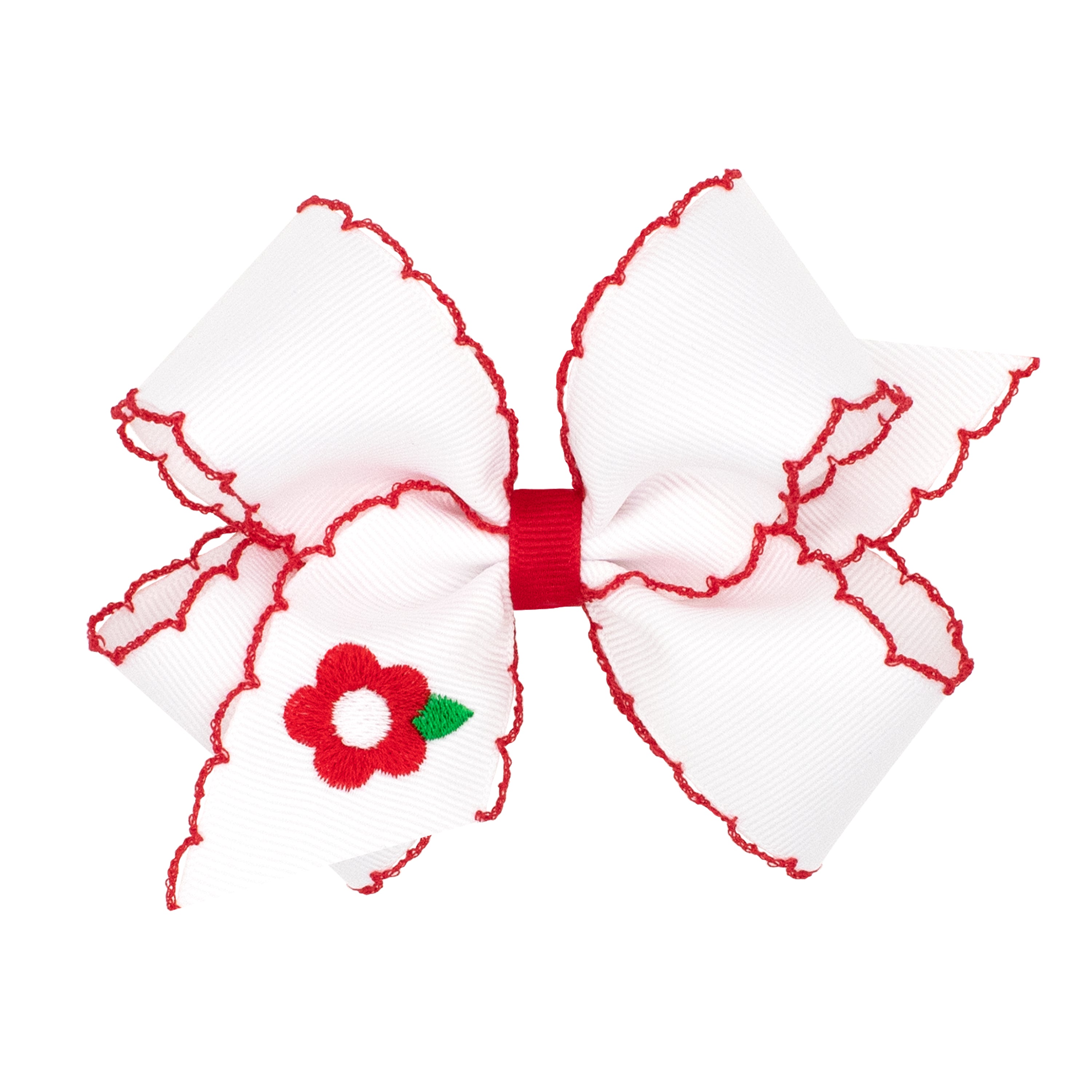 Medium Red Custom Flower Embroidery on Moonstitch Edged Grosgrain Hair Bow