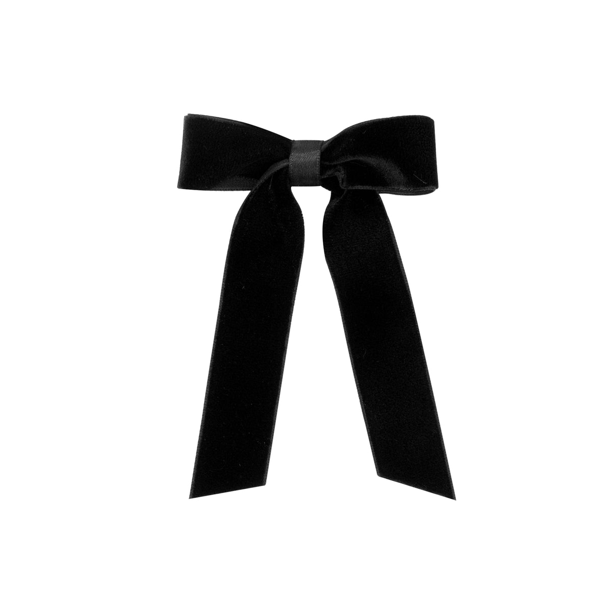 A black velvet bow with long ribbon tails, centered on a plain white background.