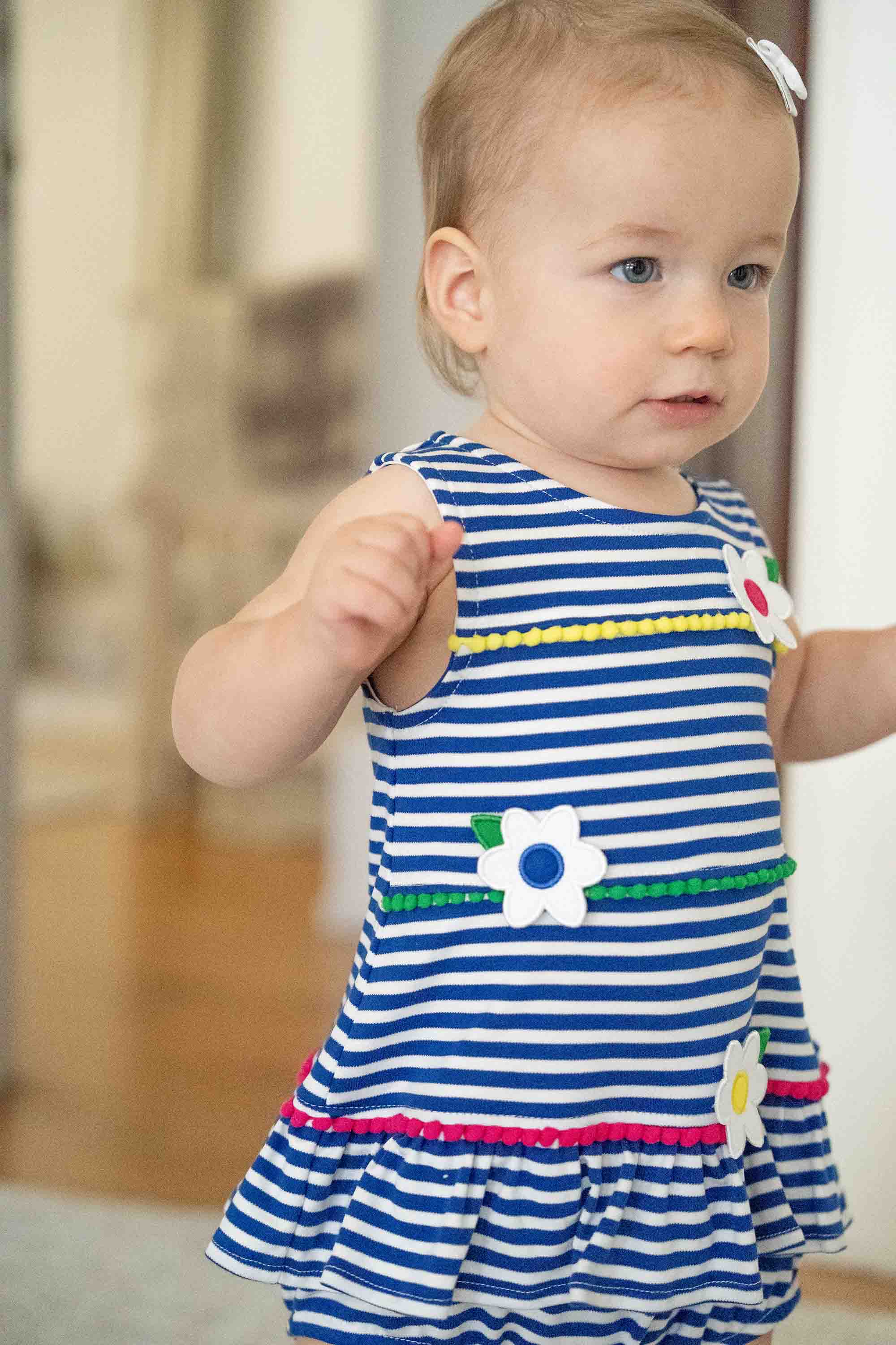 Stripe Knit Romper With Pom Poms & Flowers