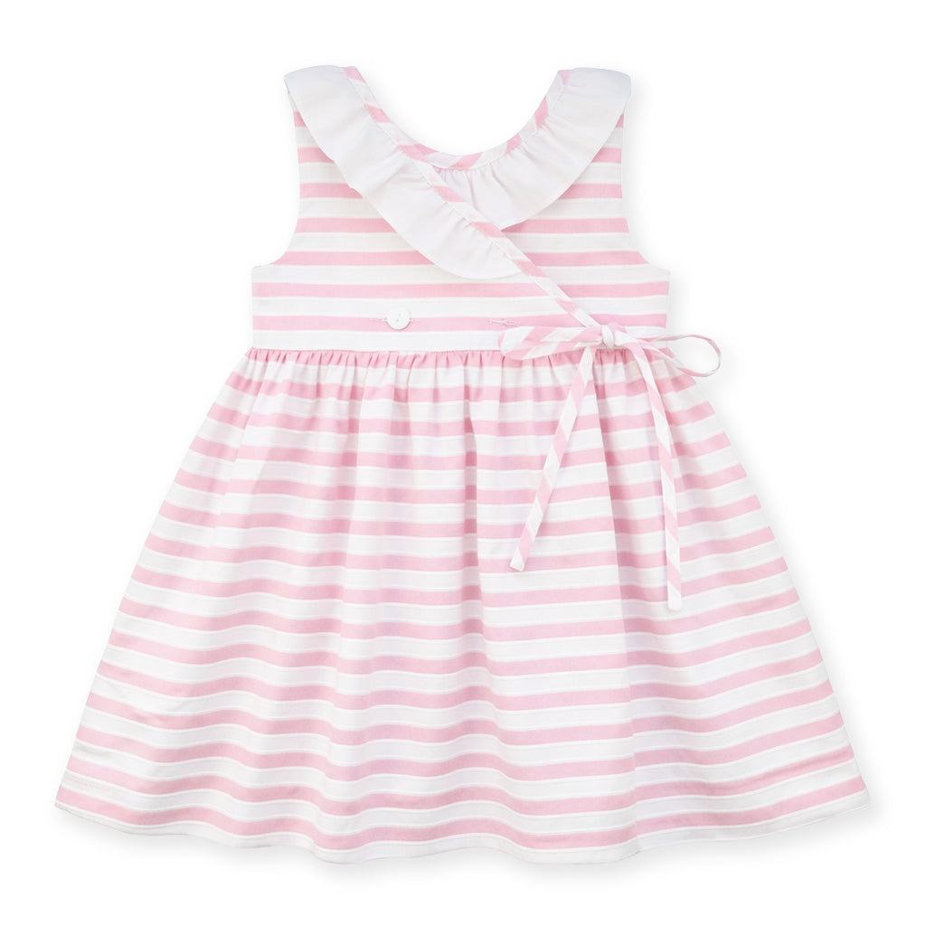 Pink Stripe Dress with Flower and Ruffle Neck