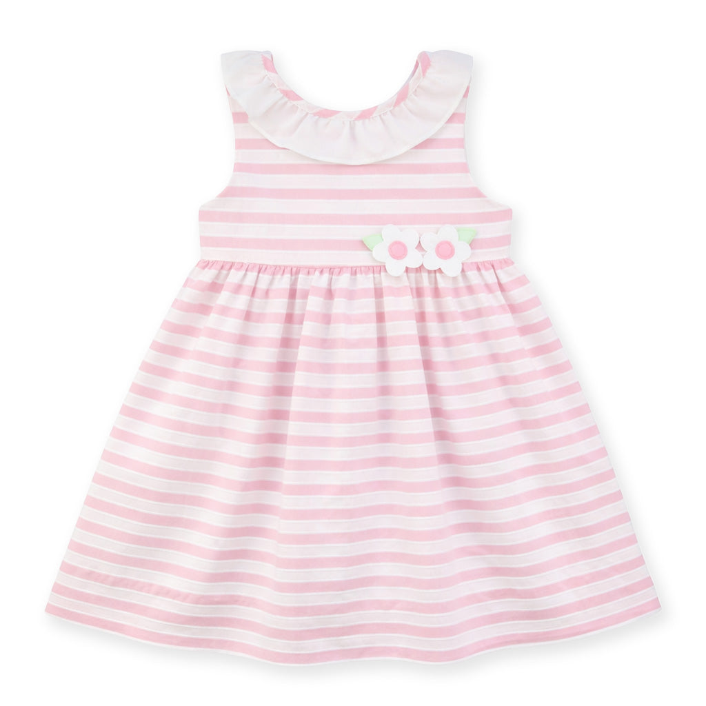 Pink Stripe Dress with Flower and Ruffle Neck