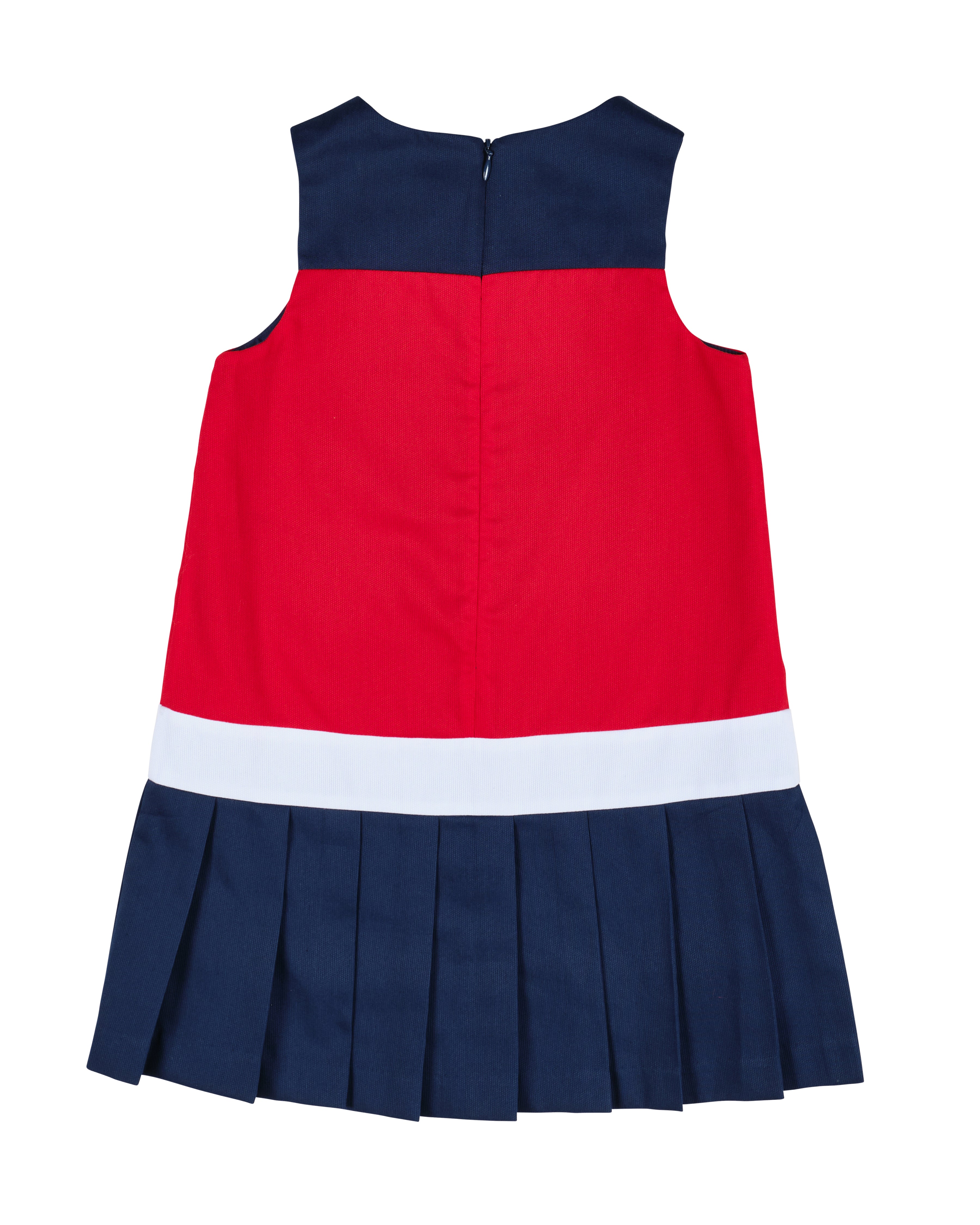 back view of red and navy dress with white waist on white background