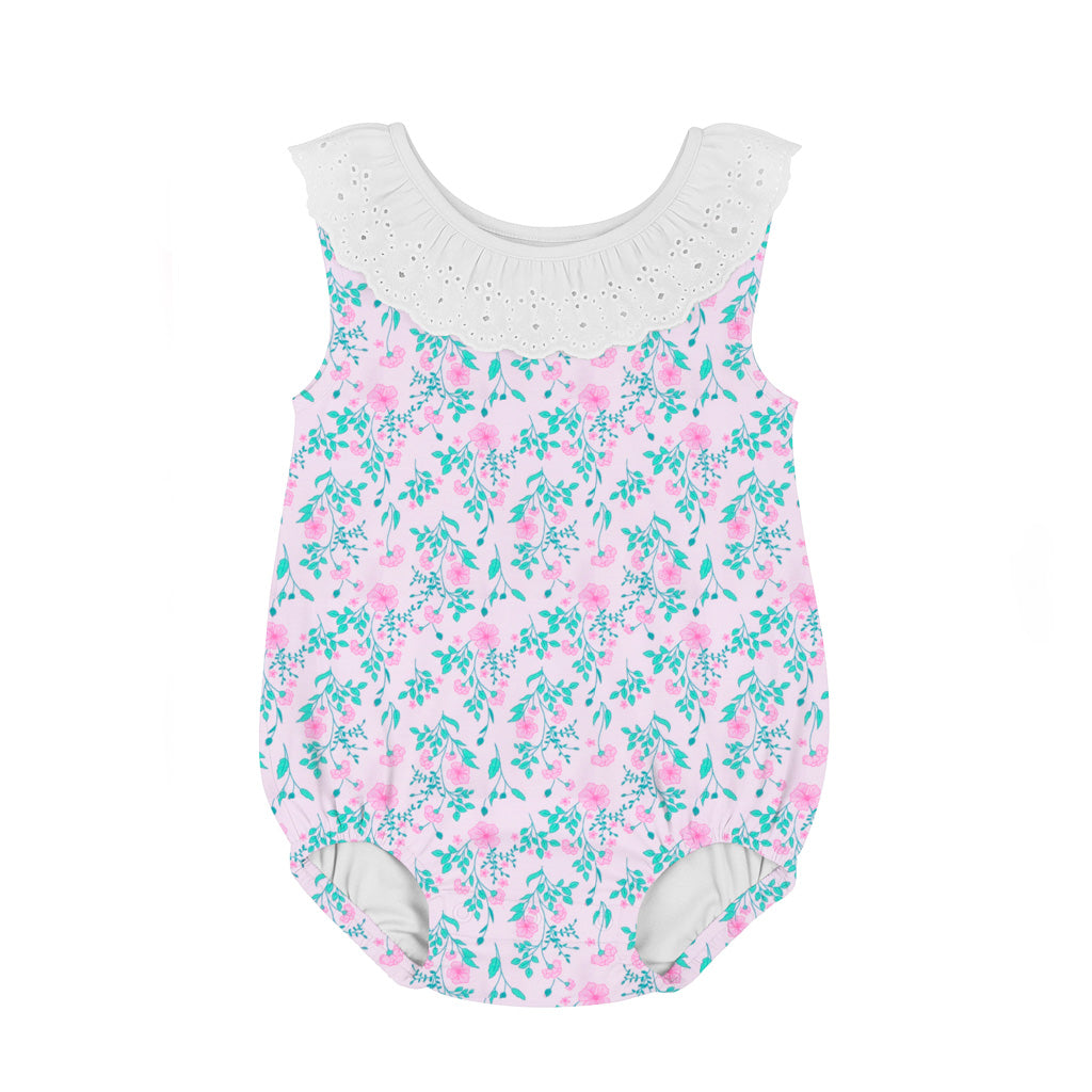 Floral Print Romper with Eyelet Collar