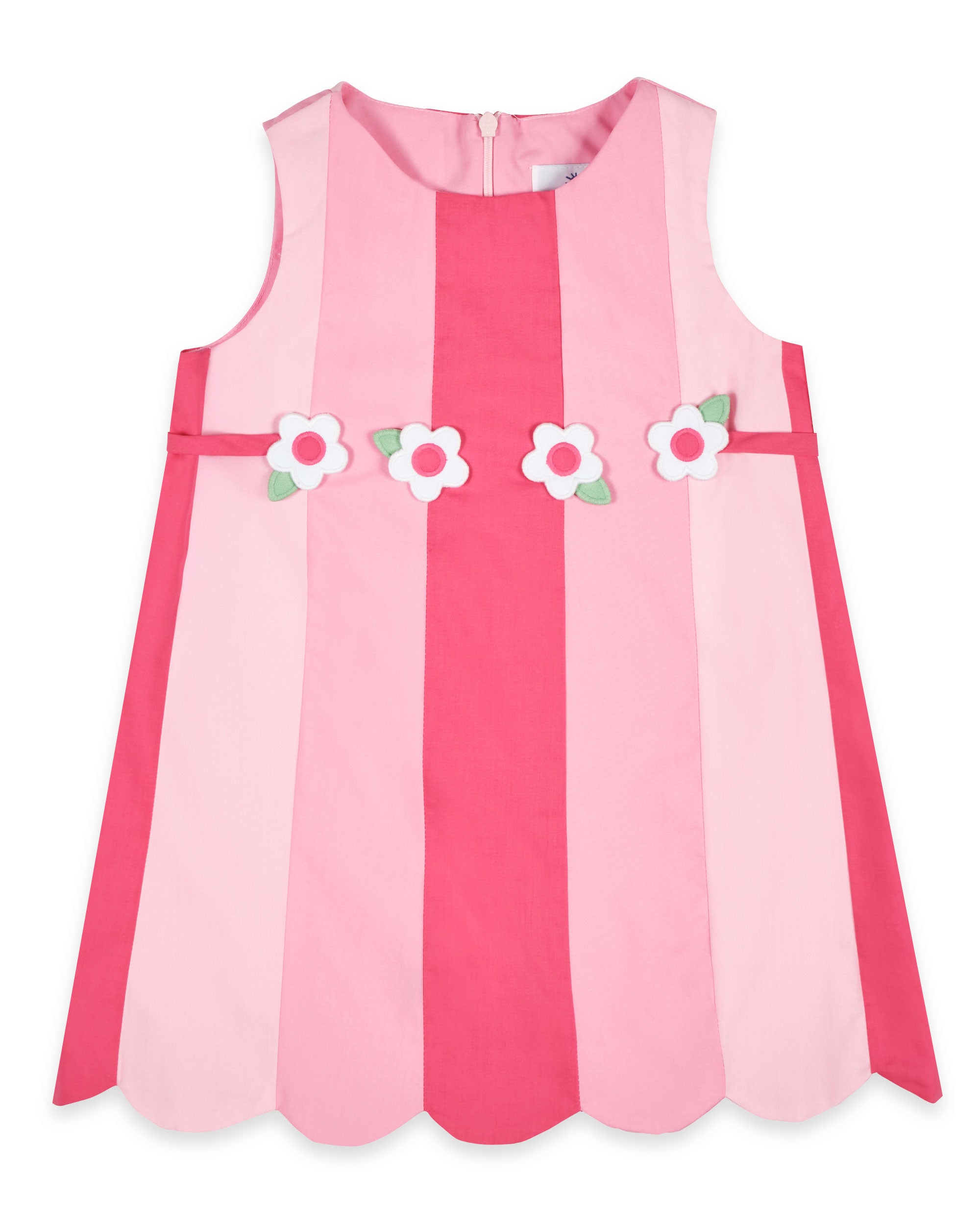 Pink sleeveless dress with floral appliqués on a white background