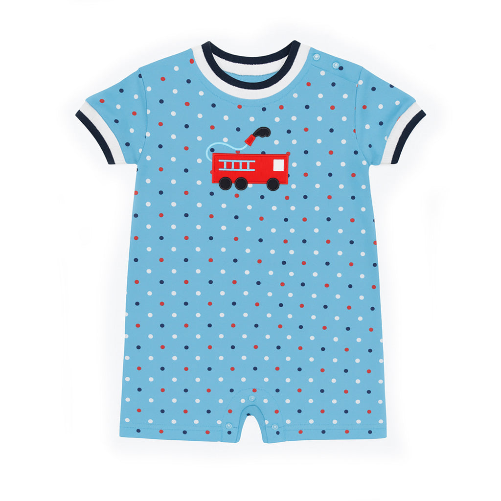 Printed Knit Shortall With Fire Truck