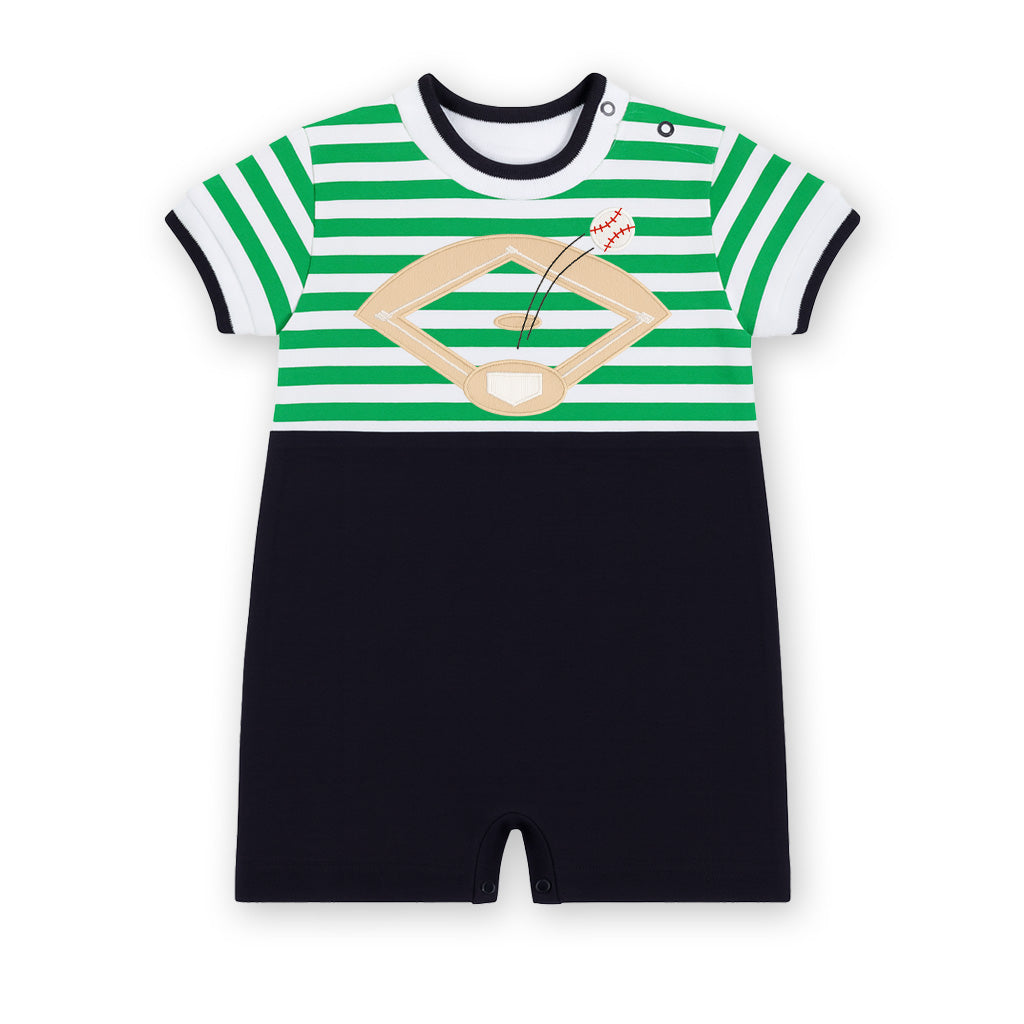 Stripe Knit Shortall With Baseball Field