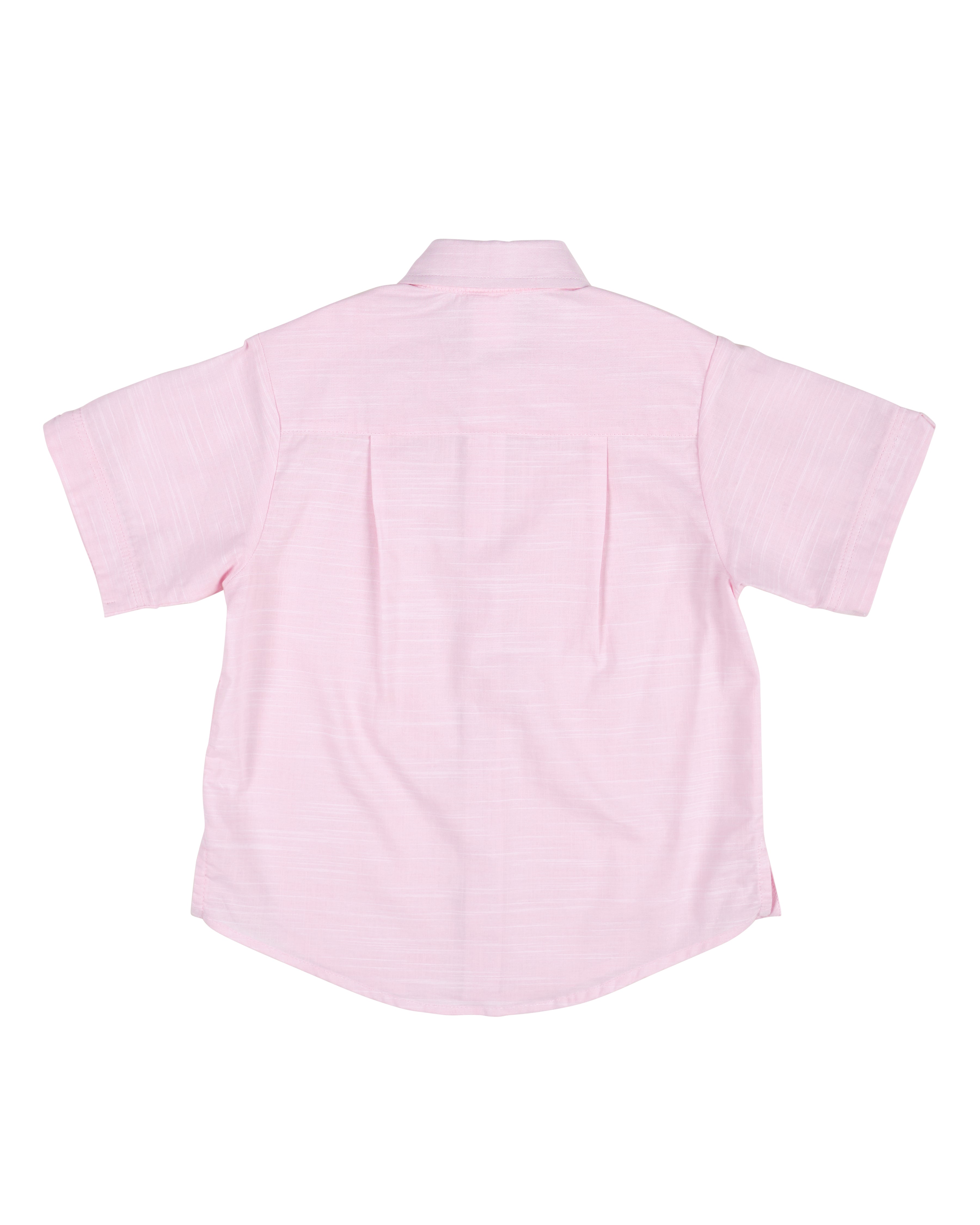 back view of pink linen look camp shirt