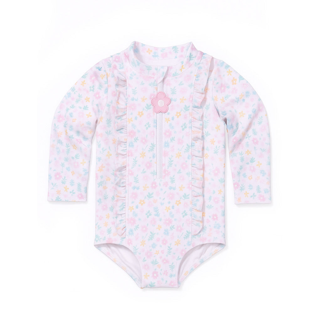 Floral Print One Piece Rashguard With Ruffles