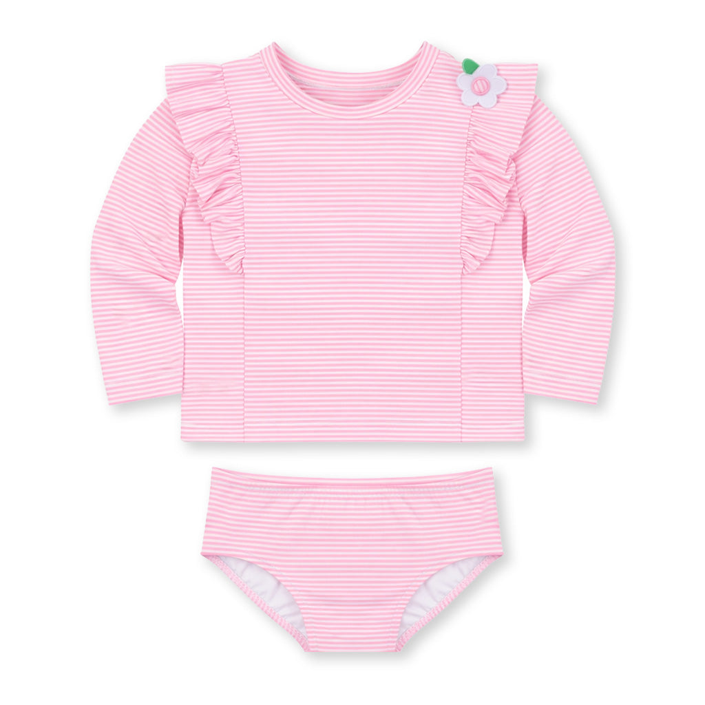 Stripe Seersucker Rashguard Swimsuit With Flower