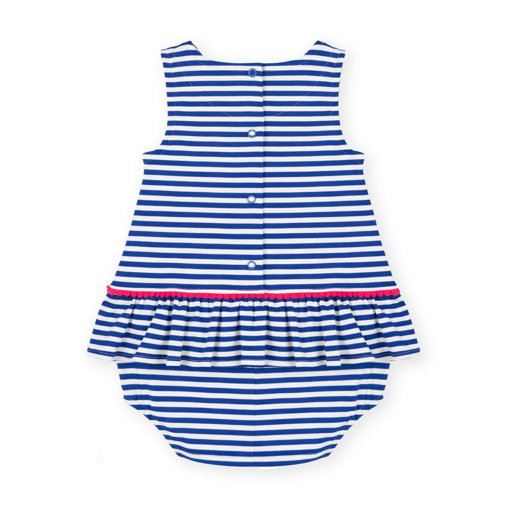 Stripe Knit Romper With Pom Poms & Flowers