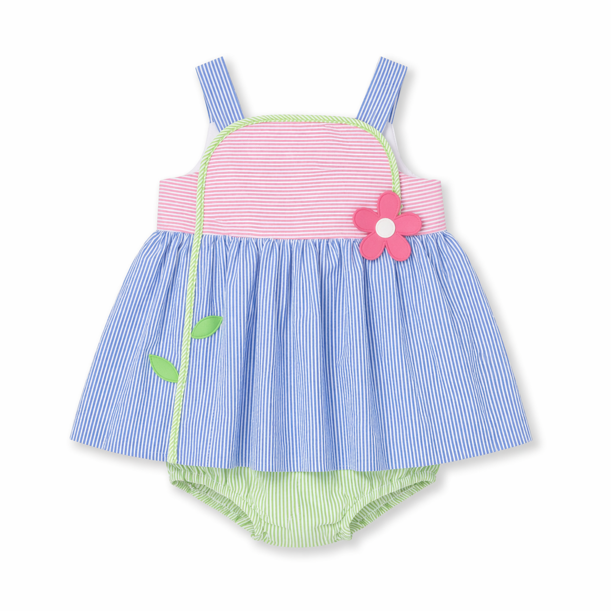 Children's romper with pink top and blue and green bottom on a white background
