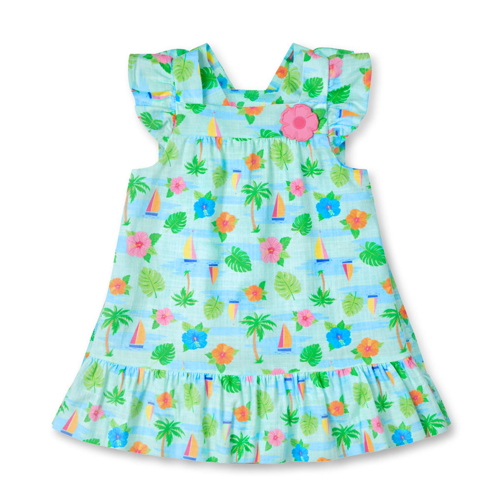 Printed Linen Look Dress With Flower