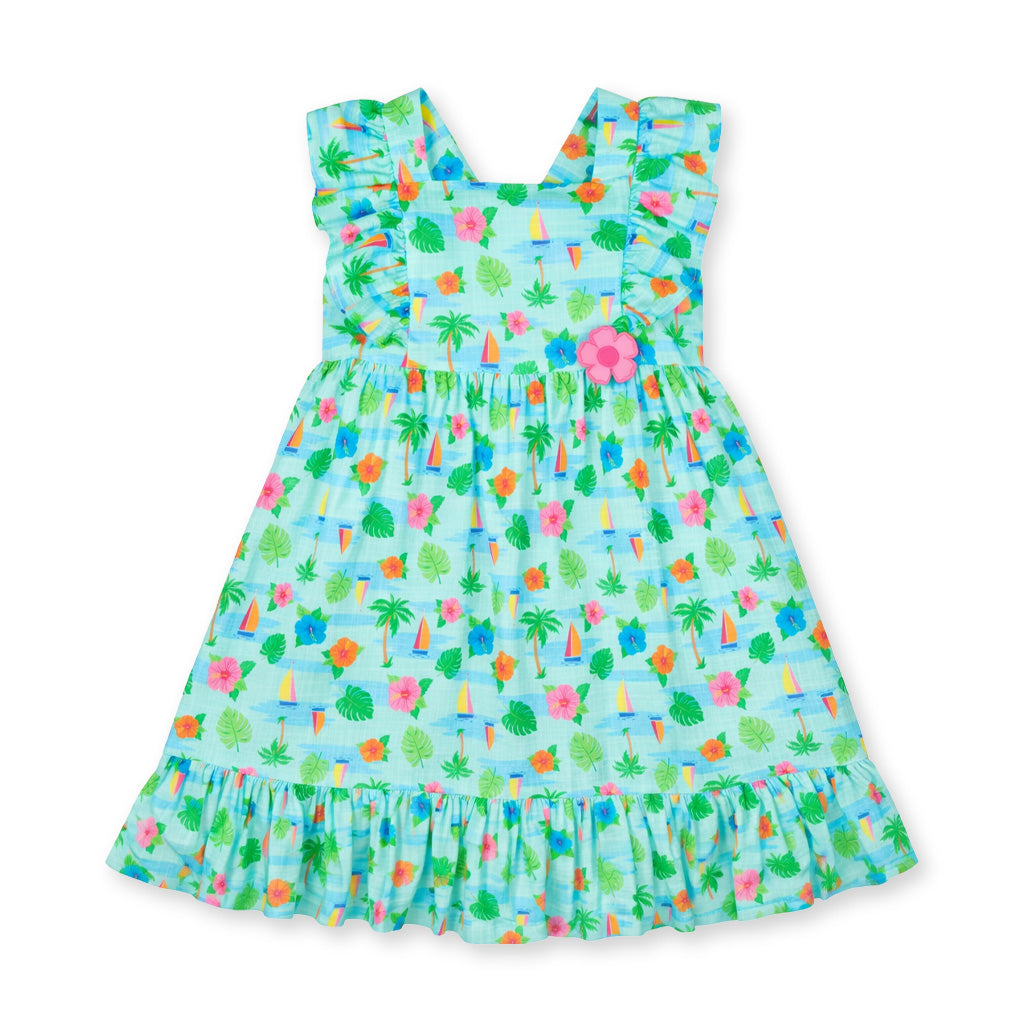 Printed Linen Look Dress With Flower