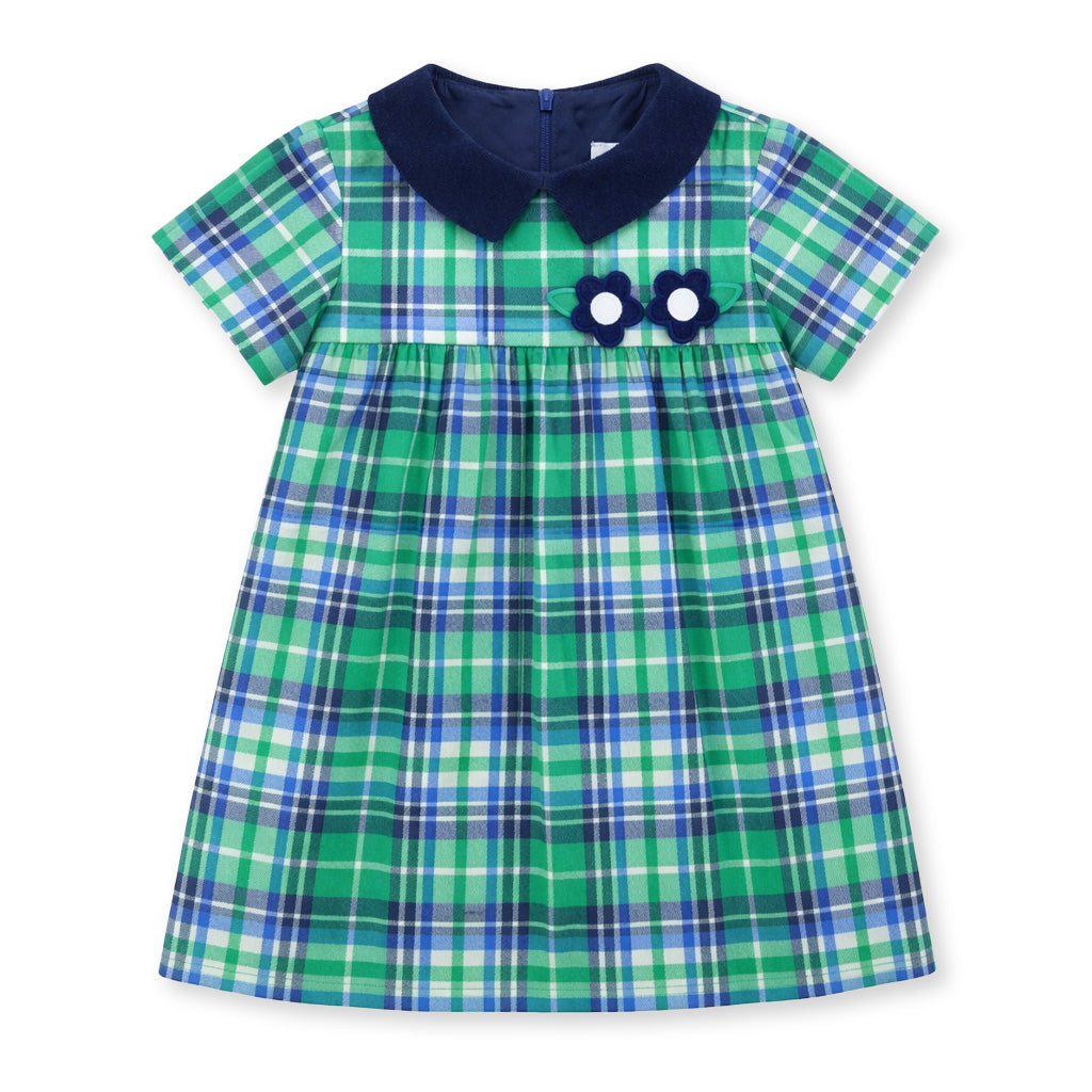 Plaid Dress With Shirring And Flowers