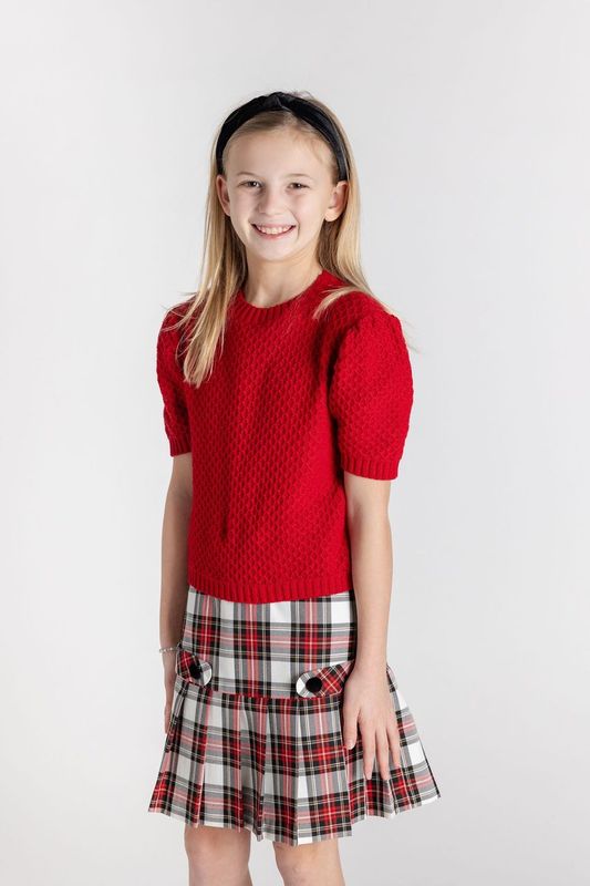 Red Short Sleeve Sweater With Puff Sleeves