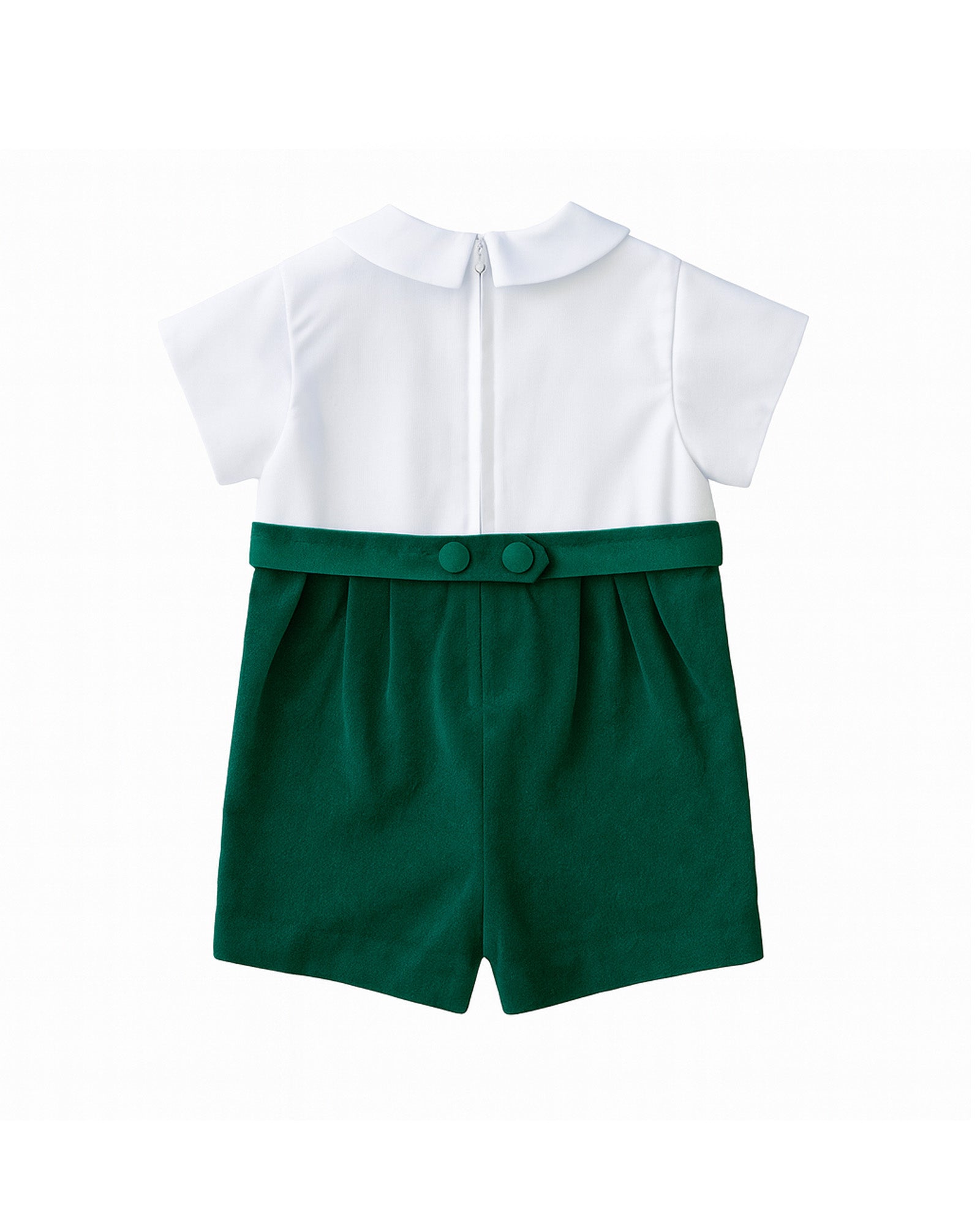 Back view of White Pique And Green Velvet Short Sleeve Shortall