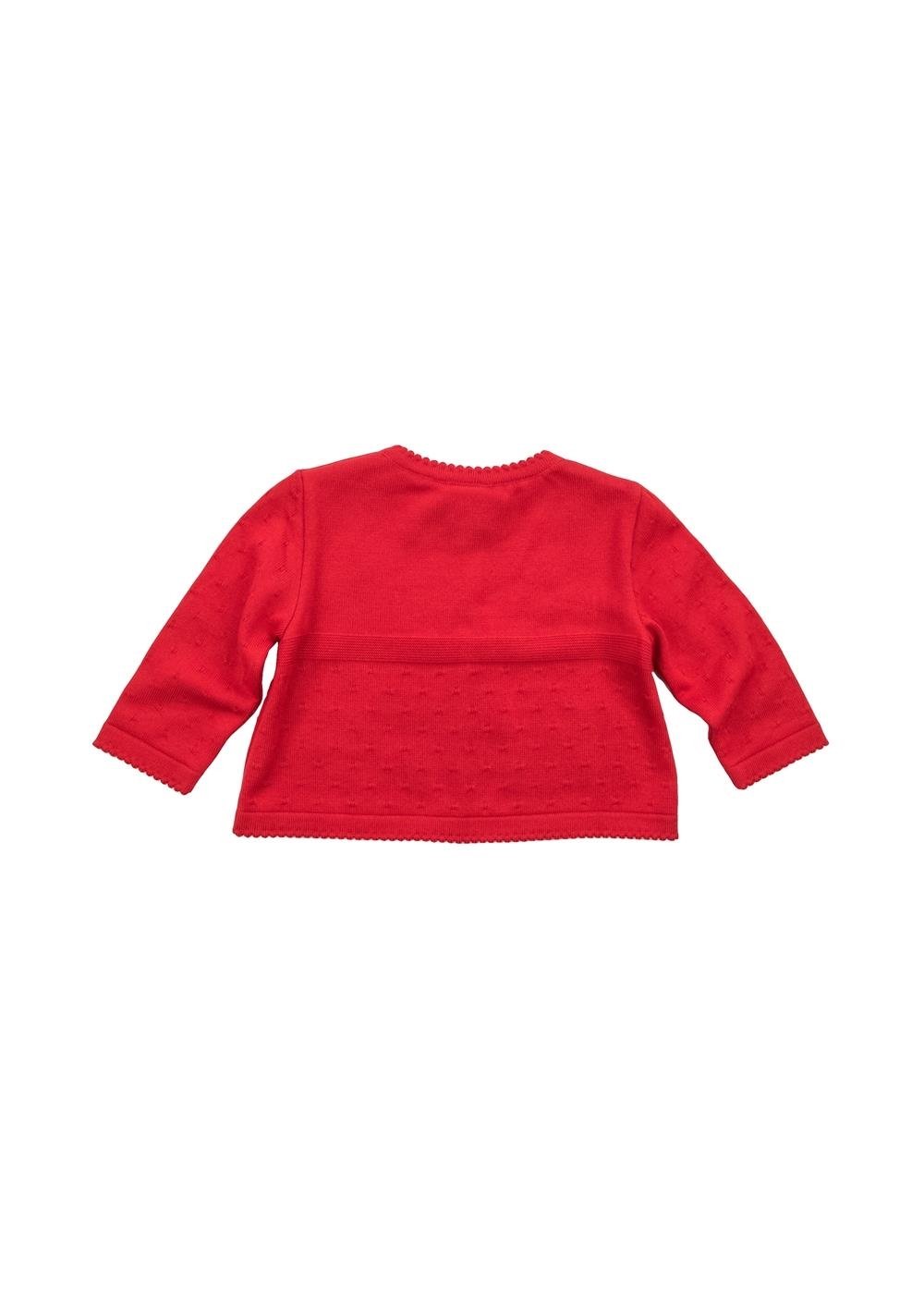Back view of Red Three Button Cardigan Sweater