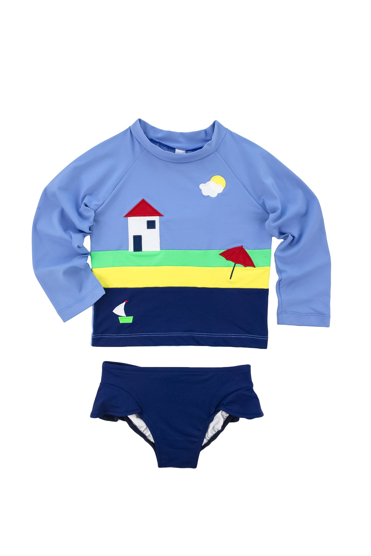 Blue Beach Scene Rash Guard Swimsuit