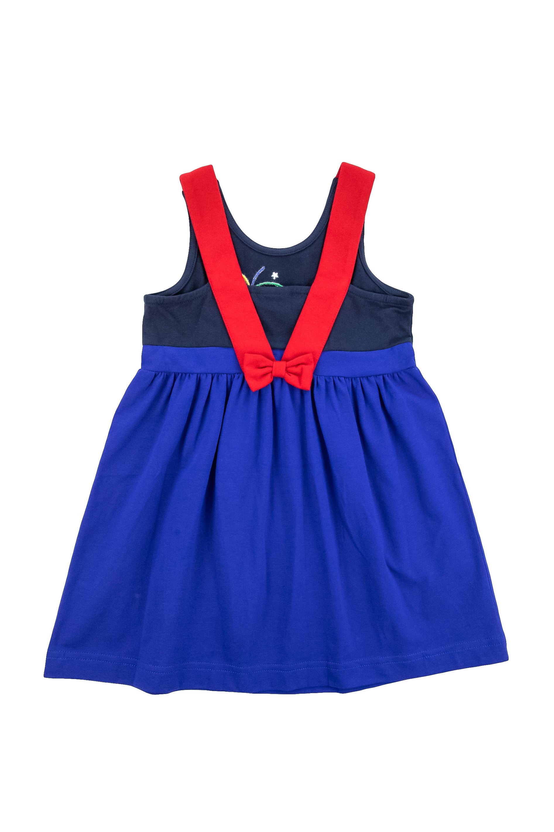 Back view of Blue Knit Dress With Boats And Fireworks